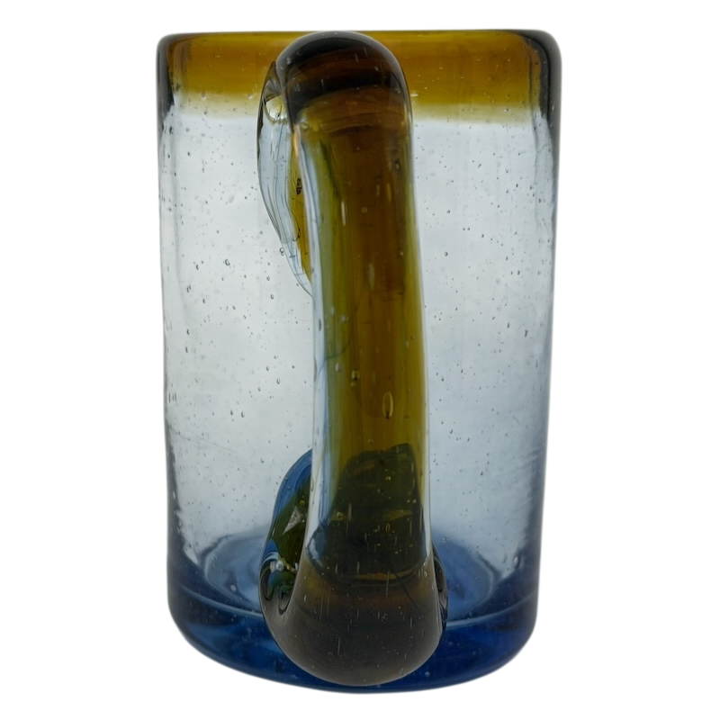 Hand Blown Mexican Art Glass Tankard Mug with a unique design in vibrant blue and yellow colors