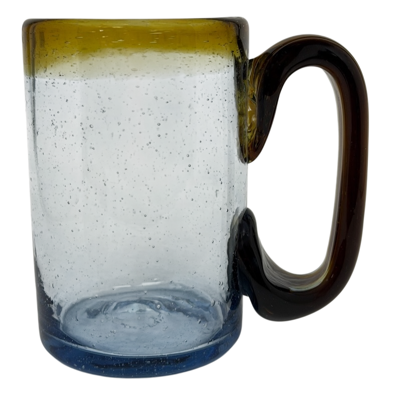 Hand Blown Mexican Art Glass Tankard Mug with a unique blue and amber design