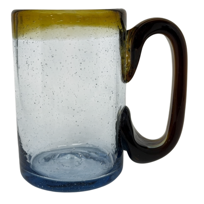 Hand Blown Mexican Art Glass Tankard Mug with a unique blue and amber design