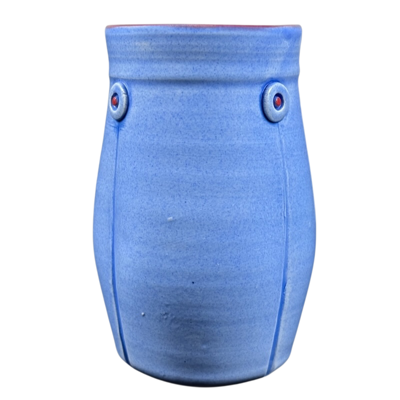Rebecca Lowery vintage blue pottery mug handcrafted matte blue glazed tumbler with button accents and red rim