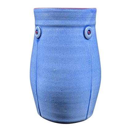 Rebecca Lowery vintage blue pottery mug handcrafted matte blue glazed tumbler with button accents and red rim