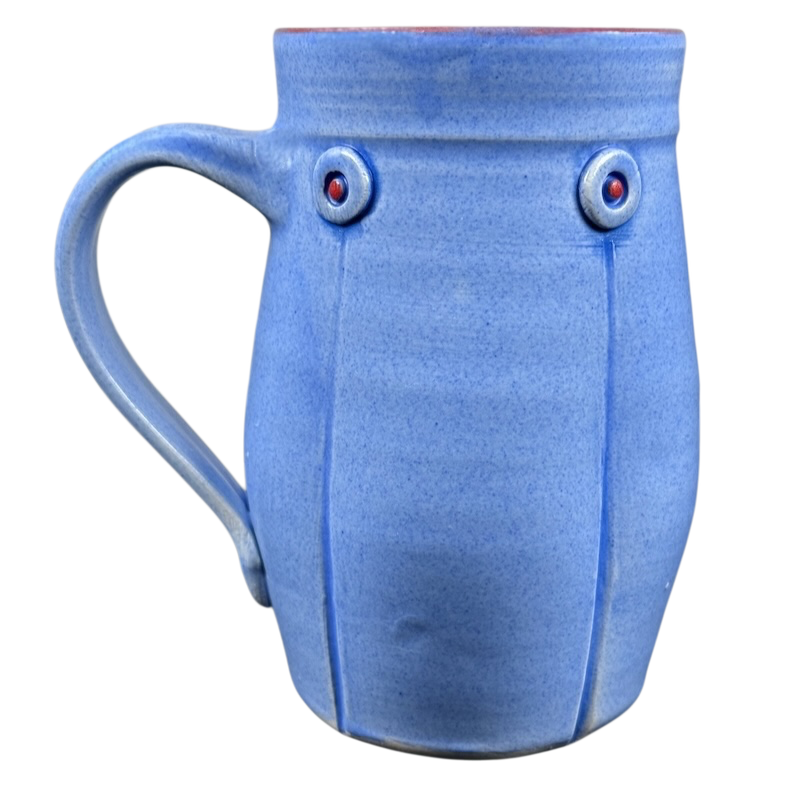 Rebecca Lowery vintage blue pottery mug with matte glaze rounded tapered shape handle and red accent buttons