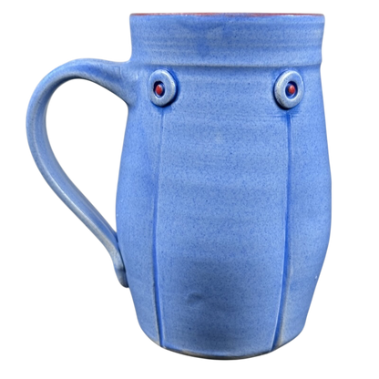 Rebecca Lowery vintage blue pottery mug with matte glaze rounded tapered shape handle and red accent buttons