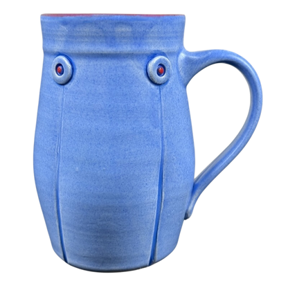 Rebecca Lowery vintage blue pottery mug handcrafted ceramic with button accents and ergonomic handle ideal for coffee
