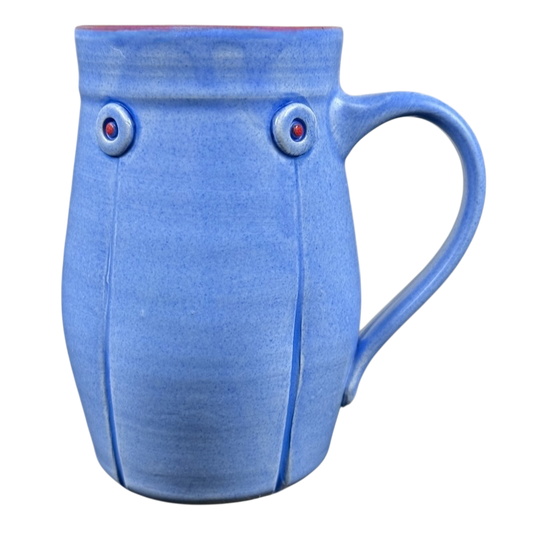 Rebecca Lowery vintage blue pottery mug handcrafted ceramic with button accents and ergonomic handle ideal for coffee
