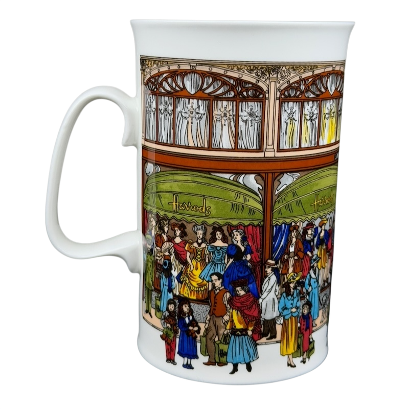 Harrods Knightsbridge London Storefront Scene Mug featuring a vibrant illustration of shoppers and storefront details