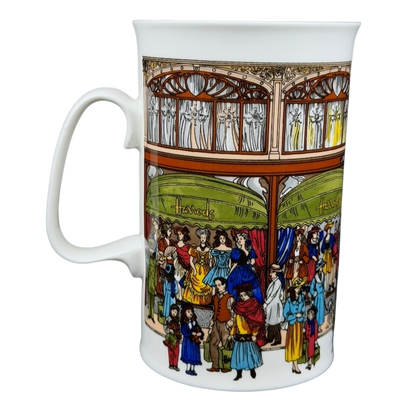 Harrods Knightsbridge London Storefront Scene Mug featuring a vibrant illustration of shoppers and storefront details