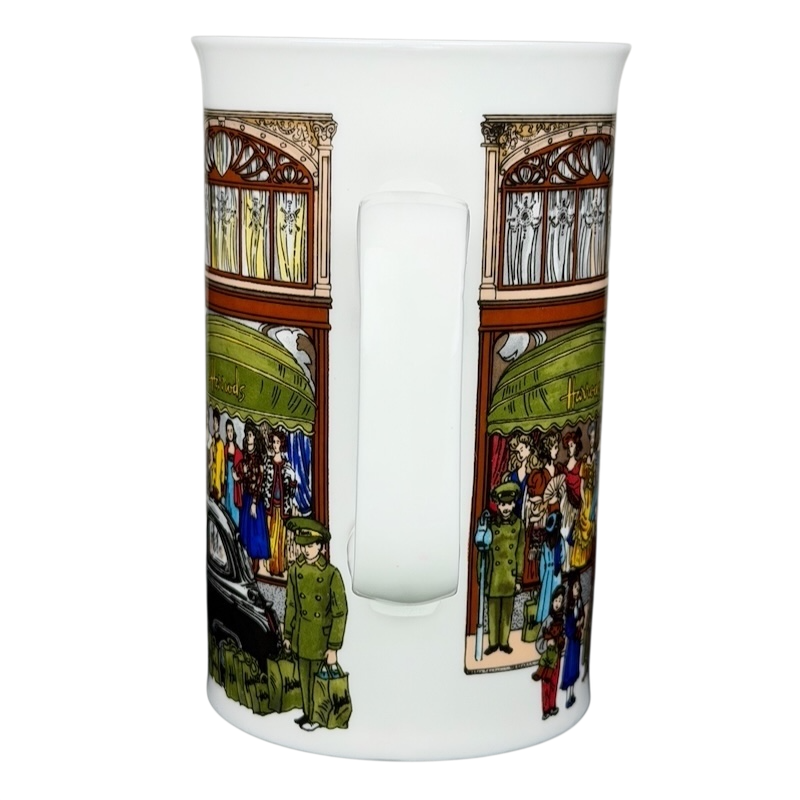 Harrods Knightsbridge London Storefront Scene Mug featuring vibrant artwork and detailed figures outside the store
