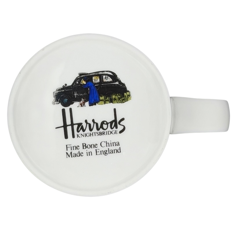 Harrods Knightsbridge London Storefront Scene Mug featuring a classic black taxi and vibrant illustration