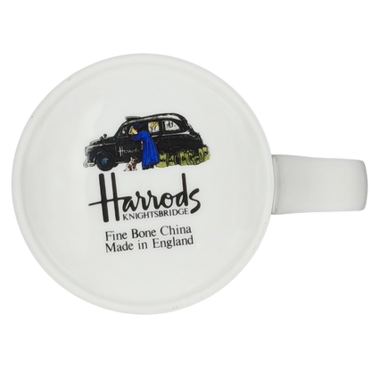 Harrods Knightsbridge London Storefront Scene Mug featuring a classic black taxi and vibrant illustration