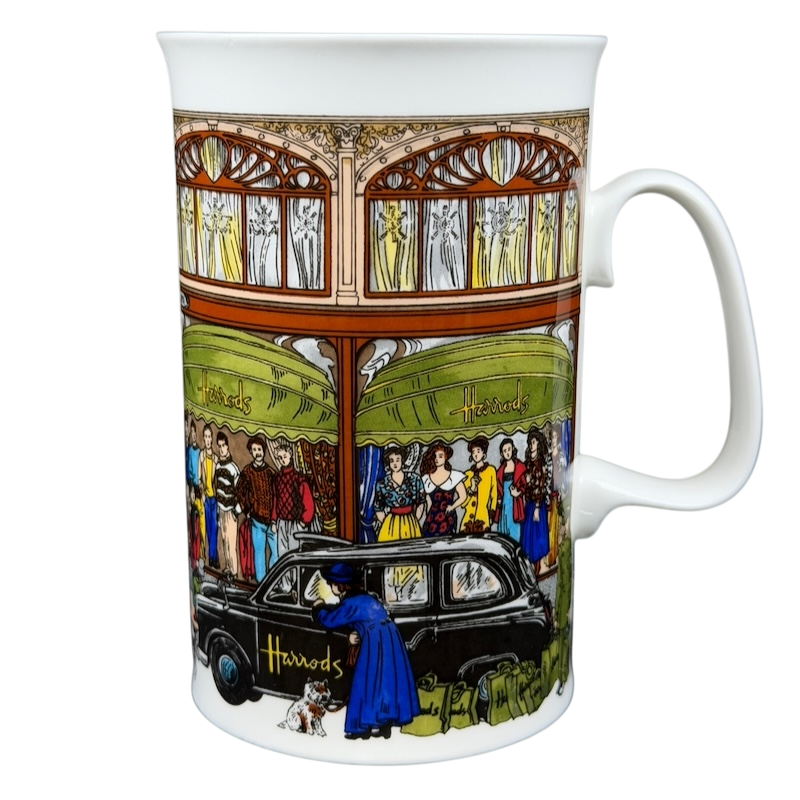 Harrods Knightsbridge London Storefront Scene Mug featuring detailed illustrations of shoppers and vintage cars
