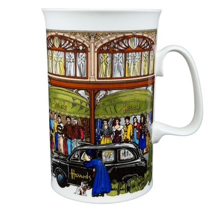 Harrods Knightsbridge London Storefront Scene Mug featuring detailed illustrations of shoppers and vintage cars