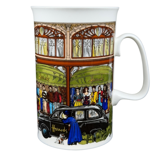 Harrods Knightsbridge London Storefront Scene Mug featuring detailed illustrations of shoppers and vintage cars