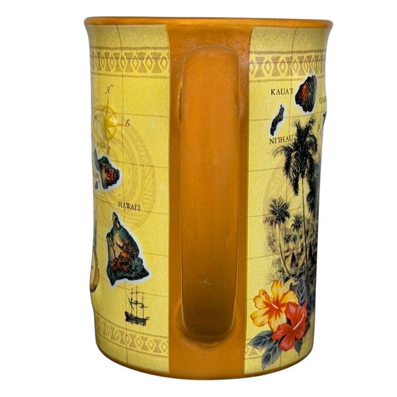 Hawaiian Islands Mug Island Heritage with colorful map design featuring Hawaiian flora and islands