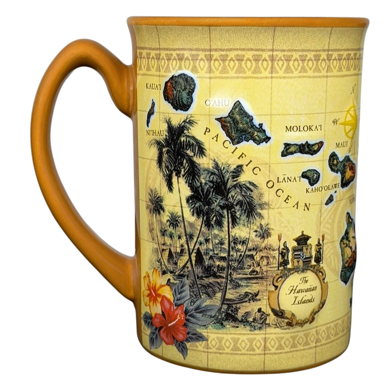 Hawaiian Islands Mug Island Heritage featuring a vintage map design and tropical flowers