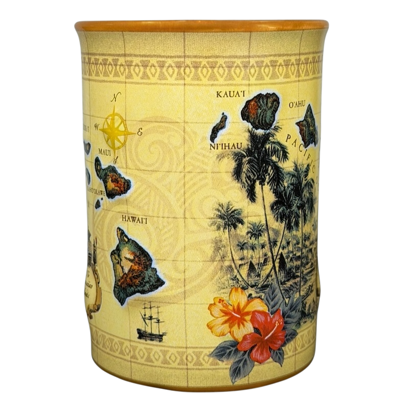 Hawaiian Islands Mug Island Heritage featuring a colorful map of Hawaii and tropical flowers