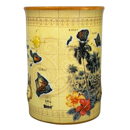 Hawaiian Islands Mug Island Heritage featuring a colorful map of Hawaii and tropical flowers