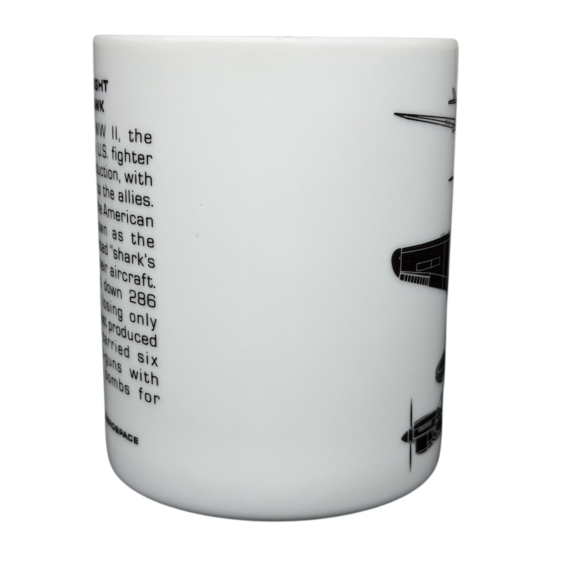 Hawker Aerospace mug featuring the Curtiss Wright P-40 Warhawk with aircraft history details
