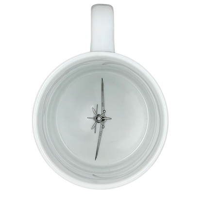 Top view of a white mug featuring a Curtiss Wright P-40 Warhawk design by Hawker Aerospace