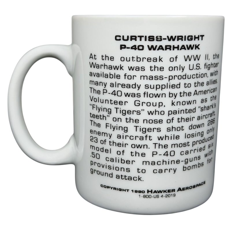 Curtiss Wright P-40 Warhawk mug by Hawker Aerospace featuring historical information about the aircraft