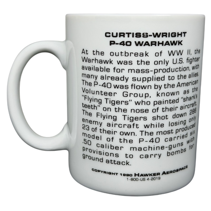 Curtiss Wright P-40 Warhawk mug by Hawker Aerospace featuring historical information about the aircraft