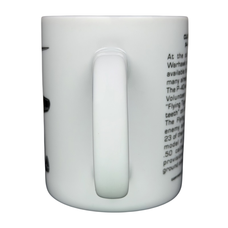 Hawker Aerospace mug featuring the Curtiss Wright P-40 Warhawk design and informative text about the aircraft