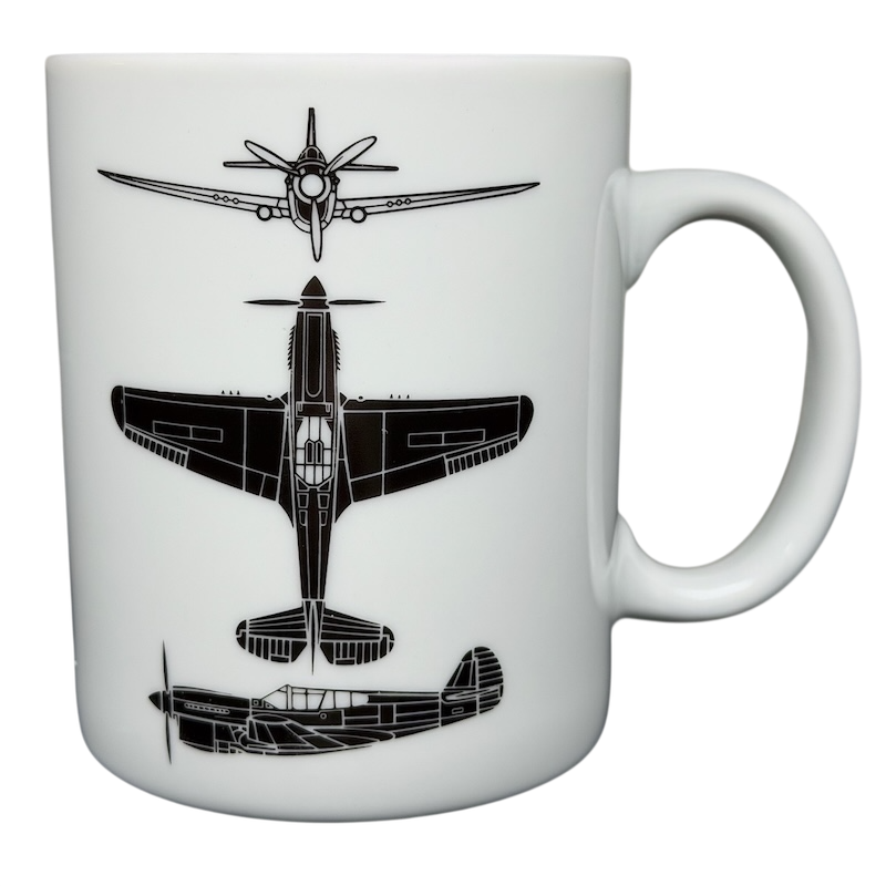 Curtiss Wright P-40 Warhawk Hawker Aerospace mug featuring detailed aircraft illustrations