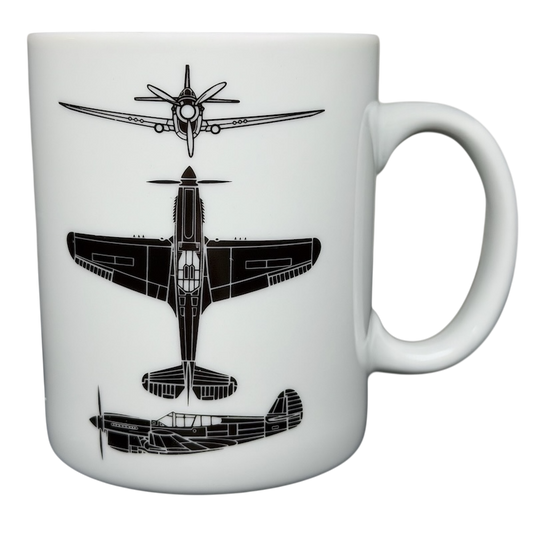 Curtiss Wright P-40 Warhawk Hawker Aerospace mug featuring detailed aircraft illustrations