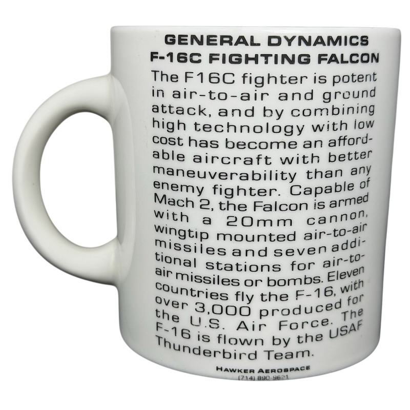F-16 Fighting Falcon Hawker Aerospace mug featuring aircraft specifications and historical details.