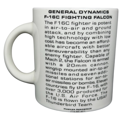 F-16 Fighting Falcon Hawker Aerospace mug featuring aircraft specifications and historical details.