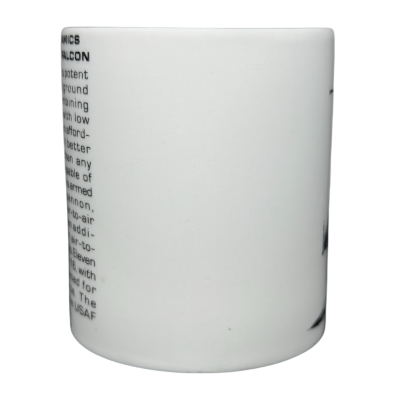 Hawker Aerospace F-16 Fighting Falcon mug with detailed information about the aircraft on a white background