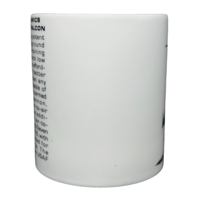 Hawker Aerospace F-16 Fighting Falcon mug with detailed information about the aircraft on a white background