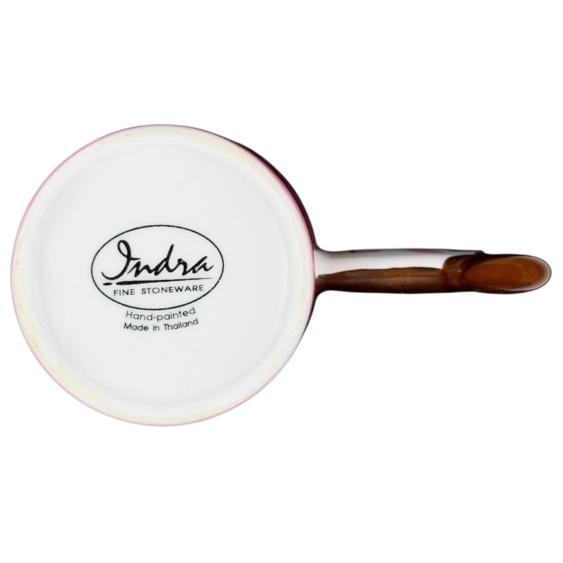 Bottom view of Heart Hug Girl Mug Indra showing the hand-painted logo and smooth ceramic finish