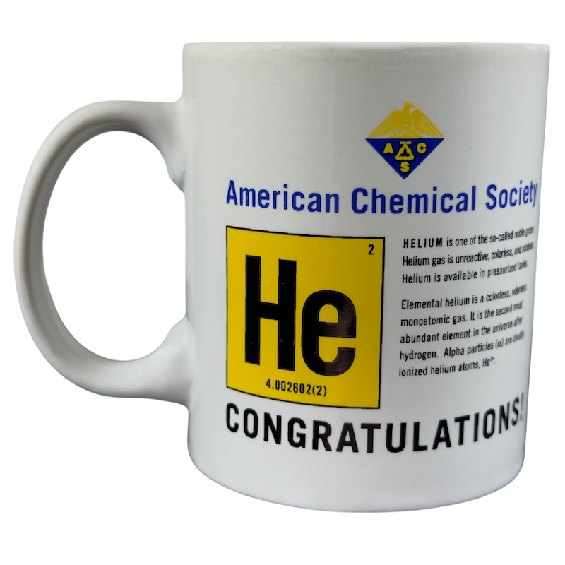 Helium anniversary mug collectible featuring the element symbol He and congratulations text