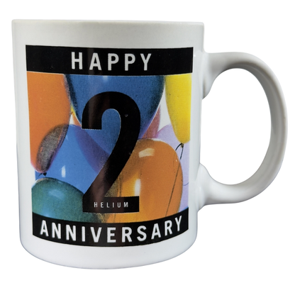 Happy Helium Anniversary Mug Collectible featuring colorful balloons and a bold '2'