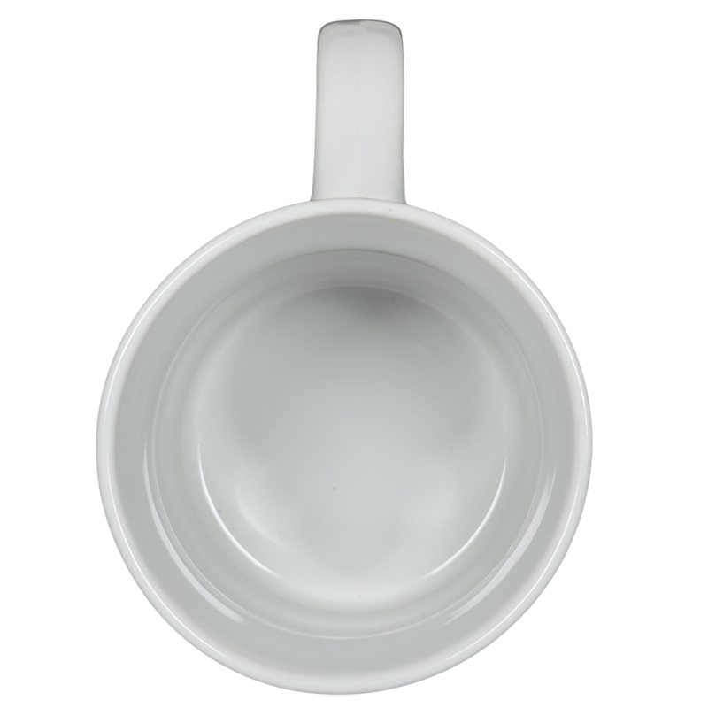 Top view of a white helium anniversary mug collectible with a smooth interior finish