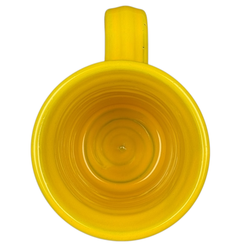 Top view of Hell's Backbone Deneen Pottery yellow mug 2014 showcasing its smooth inner surface