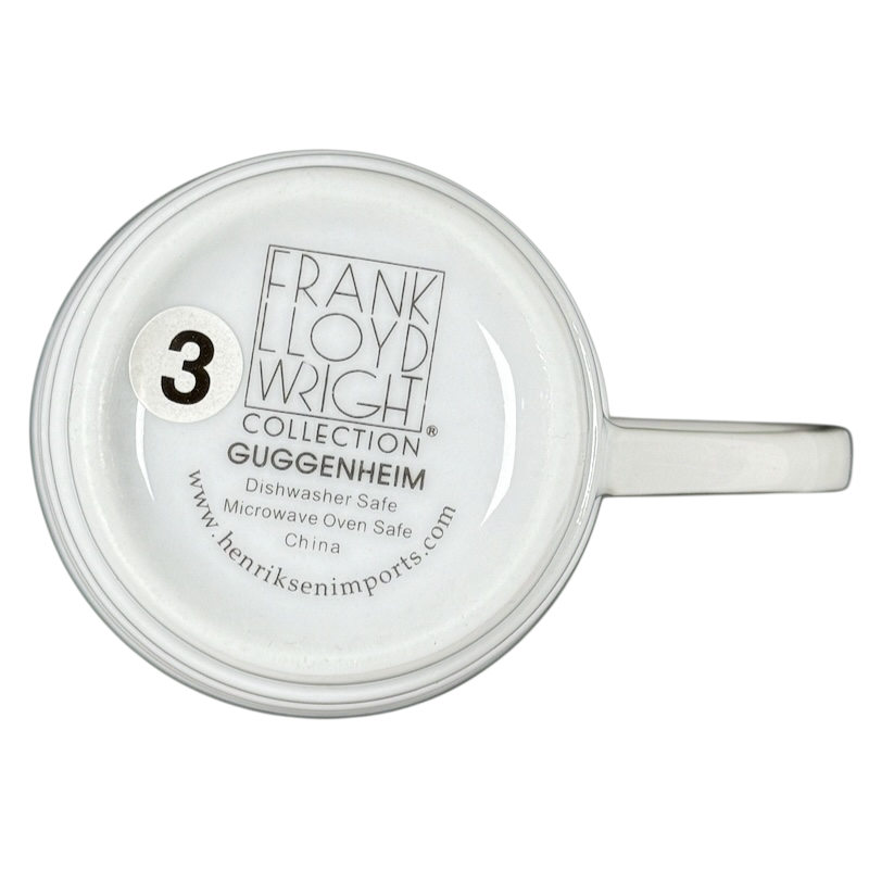 Frank Lloyd Wright vintage Guggenheim mug bottom view showing logo collection mark sticker and handle