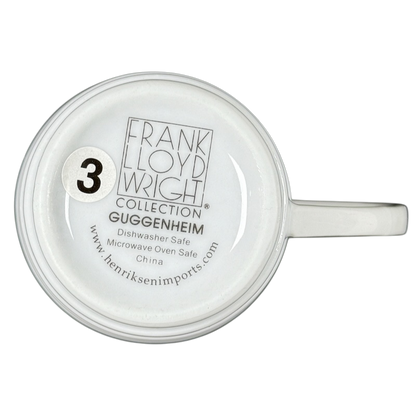 Frank Lloyd Wright vintage Guggenheim mug bottom view showing logo collection mark sticker and handle