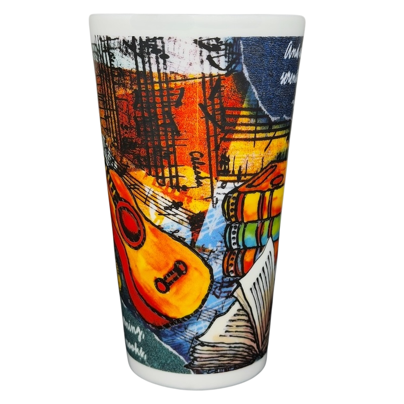 Colorful Chaleur Henry Wadsworth Longfellow Mug Borders Books with artistic designs and music elements