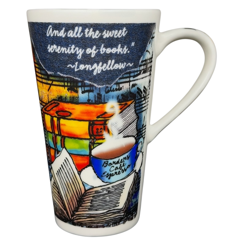 Henry Wadsworth Longfellow Mug Borders Books Chaleur featuring a serene book design and inspirational quote