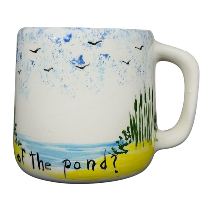 Hidden frog vintage pottery mug with nature scene depicting a pond and birds in the sky