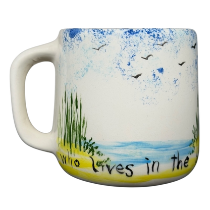 Hidden frog vintage pottery mug featuring a hand-painted landscape with birds and water design