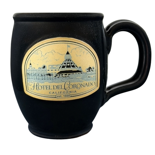 Hotel Del Coronado Deneen vintage black mug featuring a classic design and gold detailing
