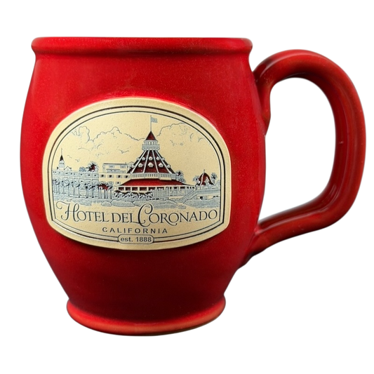 Hotel Del Coronado Deneen vintage red mug with detailed emblem and classic design