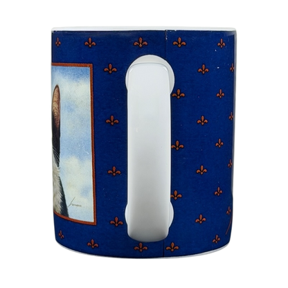 Hugo Hege cat Lang & Wise mug featuring a detailed cat illustration on a blue patterned background
