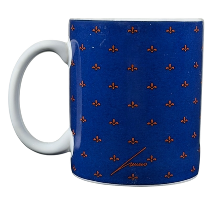 Hugo Hege cat Lang & Wise mug featuring a blue design with a fleur-de-lis pattern and a classic shape
