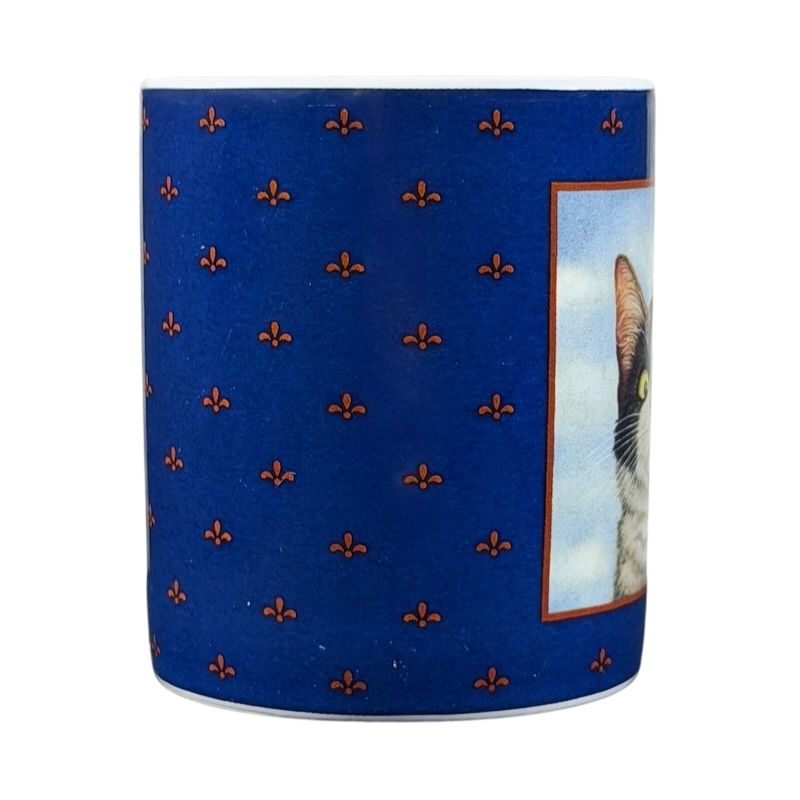 Hugo Hege cat Lang & Wise mug with a blue background and a cat photo on the side