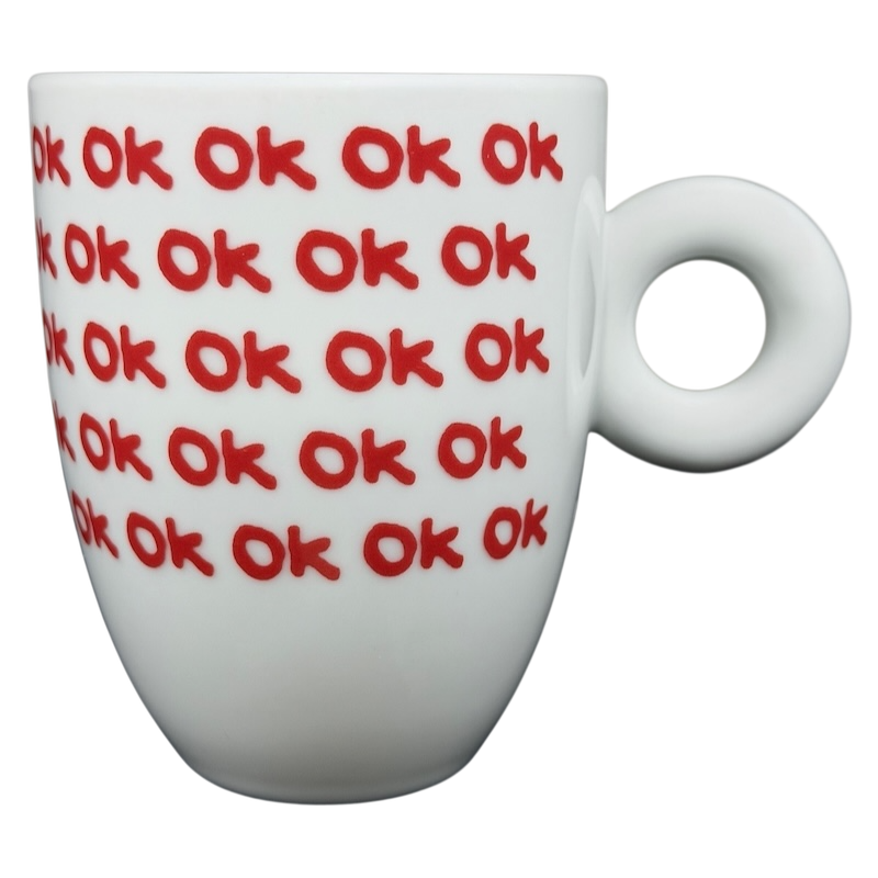 Illy Art Collection Robert Wilson OK Mug featuring a unique design with repeated red OK text