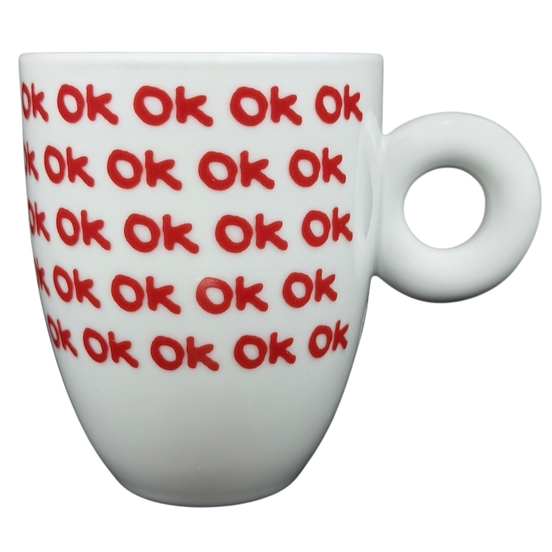 Illy Art Collection Robert Wilson OK Mug in white with red OK lettering, designed for coffee lovers